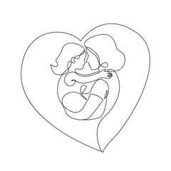 Mother with Child One Line Vector Illustration. Continuous Single Line Drawing of Mom Holds Daughter. Happy Mother`s Day Card with Hand Drawn Contour Silhouette Outline Style