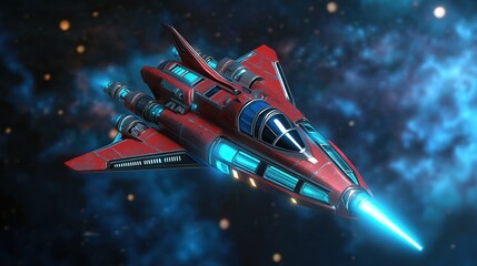 Obraz premium Red Spaceship in Nebula - Sci-Fi 3D Render - Sci-fi