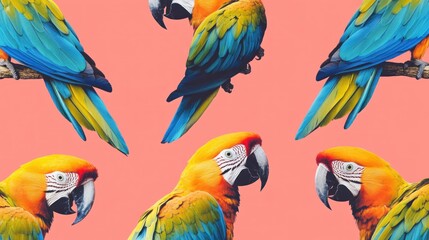 Obraz premium Colorful Macaws Pattern, Tropical Birds, Pink Background, Fabric Design