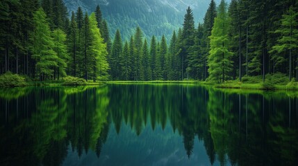A serene lake surrounded by lush evergreen trees, their reflections creating a perfect mirror image