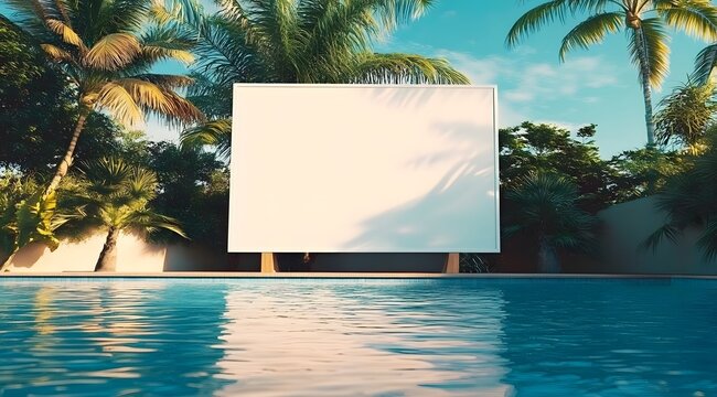 Large wide horizontal white blank billboard sign for advertisements on the edge of swimming pool, tropical environment. Business poster commercial board outdoors, marketing frame mockup for promotion 