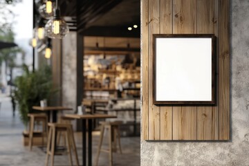 Blank Wooden Frame on Cafe Wall for Menu or Artwork Display