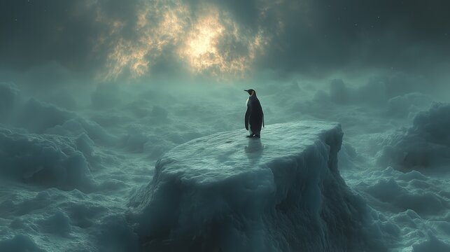 A solitary penguin perched on an iceberg, the vast expanse of the ocean and sky stretching out behind it