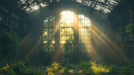 Sunbeams illuminate overgrown abandoned building interior. 