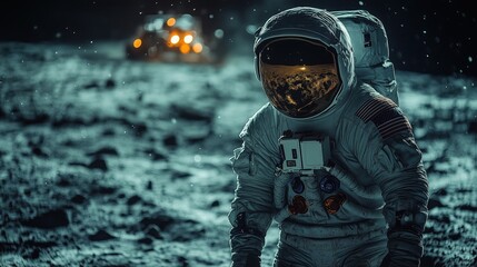 Fototapeta premium Astronaut near the moon rover on the moon. With land on the horizon. Elements of this image were furnished 