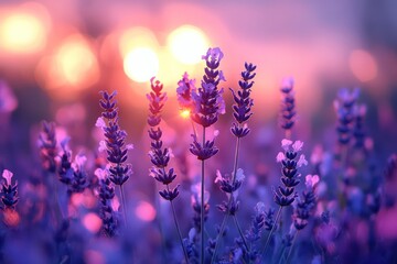 Soft-focus flowers in a field of lavender at dusk, with the gentle, fading light casting a serene, peaceful glow over the scene