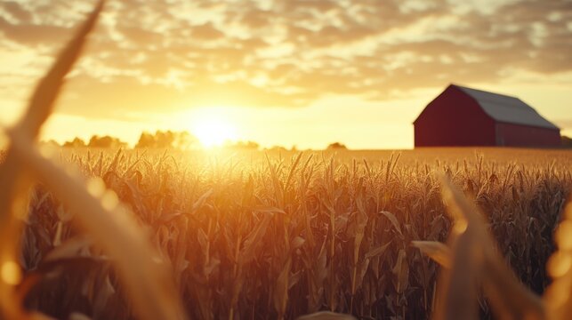 Golden Sunlight Illuminating a Serene Cornfield with a Rustic Red Barn at Dusk, Capturing the Essence of Tranquil Farm Life