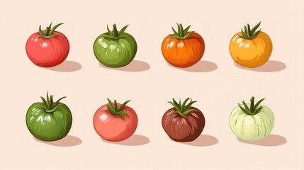 Colorful tomato varieties, illustration, food design, pastel background, recipe website