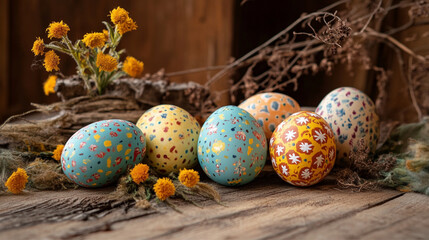 Colorful decorated eggs in various patterns, including floral and abstract designs, arranged on a wooden surface. Small yellow flowers and dried twigs are placed around the eggs