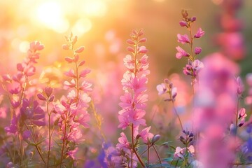 Obraz premium Soft-focus wildflowers bathed in the warm light of sunrise, creating a dreamy, tranquil scene with gentle hues
