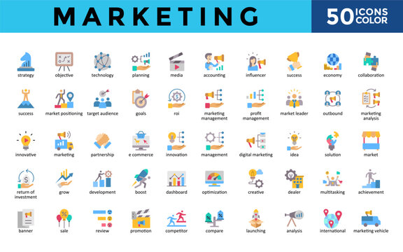 Marketing icons set with strategy, objective, technology, planning, media, accounting, influencer, success, economy, collaboration icon. Simple color vector 
