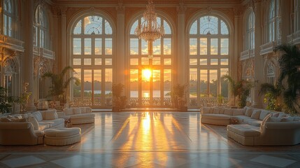 Sunset view from grand hall with arched windows, plush sofas, and marble floor.