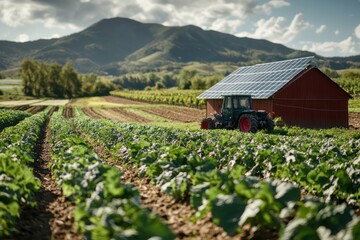 Solar energy harvesting on a farm, integrating advanced solar technology with traditional agriculture, promoting sustainable farming practices