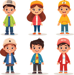 Set of happy kids in different clothes. Cartoon characters, isolated on a white background, Flat style cartoon vector illustration
