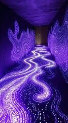 Purple illuminated pathway, abstract art installation.