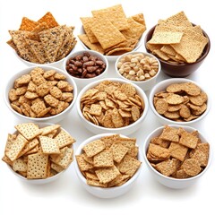 Assorted crackers and snacks in bowls, white background, food photography, website or packaging use