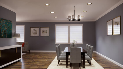 Contemporary and functional kitchen dining area meticulously visualized in a detailed 3D render. This design showcases a seamless integration of cooking and dining spaces, kitchen