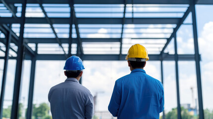 Construction Site Survey: Two construction workers, wearing safety helmets, stand amidst the steel framework of a building under construction, contemplating the project's progress.