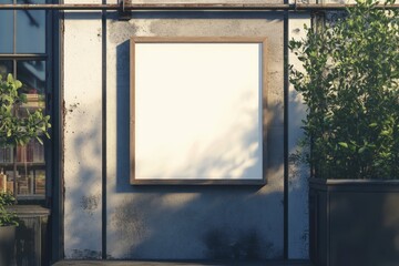 Blank Canvas on Urban Wall Surrounded by Greenery and Shadows