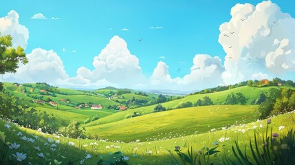 Fototapeta premium Idyllic Countryside Landscape with Rolling Green Hills and Charming Village