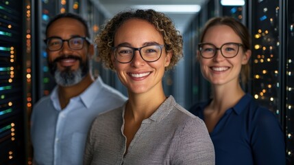 Diverse Group of IT Professionals Smiling in a Modern Data Center Surrounded by Servers and Technology Equipment