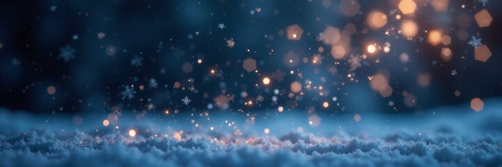 Glittering snowflakes dance in air on dark winter background, confetti, snowflakes