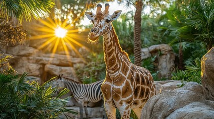 Obraz premium Giraffe and Zebra in a sun-drenched tropical environment enjoying a beautiful day