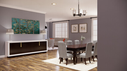 Contemporary and functional kitchen dining area meticulously visualized in a detailed 3D render. This design showcases a seamless integration of cooking and dining spaces, kitchen