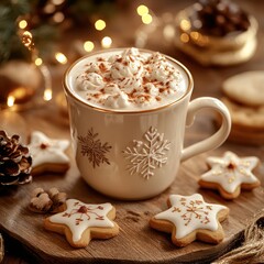 Spiced chai latte served with holiday-themed sugar cookies, set on a wooden table with a background of twinkling lights and festive decor. The scene is cozy and inviting, with a touch of holiday magic