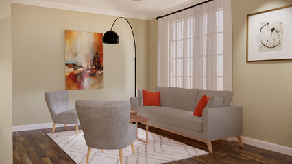 This high-quality 3D rendering is ideal for illustrating interior design proposals, architectural presentations, and lifestyle content related to home living and social spaces.