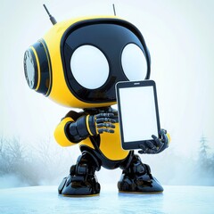 Fototapeta premium A yellow and black robot with expressive white glowing eyes holds a blank-screen phone, standing confidently on a winter-themed frosty surface.