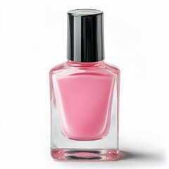 Stylish pink nail polish in a glass bottle with a black cap on a white background.