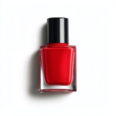 Glossy red nail polish in a clear glass bottle with a black cap on a white background.