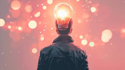 Fototapeta premium A man with a lit light bulb above his head symbolizing inspiration, designed in a vintage book-inspired art style