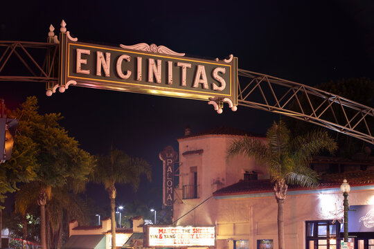 Encinitas, California, USA - September 3, 2022: A historic Encinitas sign hangs over Coast Highway in downtown.
