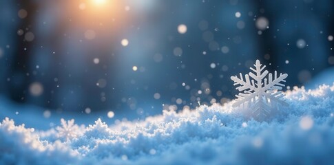 Glittering snowflakes fall gently on a frosty winter scene, sparkly, pearlescent