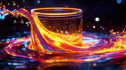 Vibrant liquid pouring into a glass, creating colorful swirls and splashes.
