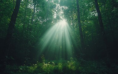 Sunbeams piercing through dense forest canopy.