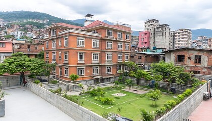 Urban Oasis: Capturing the charm of a historic building nestled within a bustling city, this image highlights the architectural beauty and tranquil green space of the surroundings.