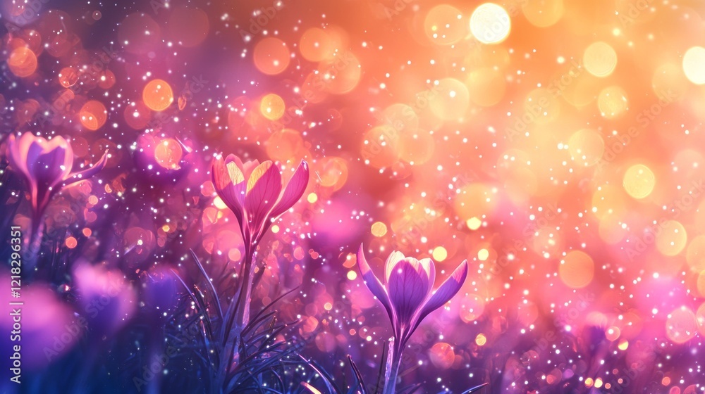 Poster soft crocus flowers emerge gracefully from the earth, illuminated by a warm, enchanting glow. bokeh 