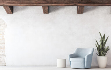 Cozy modern living room corner featuring light blue armchair and indoor plant decor