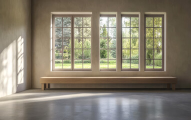 Fototapeta premium Spacious interior with large windows offering a view of green landscape and natural light