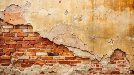 A weathered brick wall reveals its aged beauty, with crumbling plaster revealing the underlying brickwork, showcasing the passage of time and the enduring nature of construction.