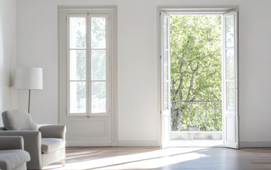Fototapeta premium Light-filled living room with open balcony revealing greenery outdoors