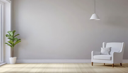 Bright and airy interior with white armchair and potted plant in modern living space