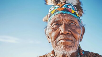 Portrait of Indigenous Elder in Traditional Attire Against Clear Blue Sky, Capturing Cultural Heritage and Wisdom in Native American Tradition