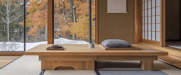 Cozy living space with traditional Japanese table and beautiful autumn view