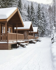 Cozy wooden cabins in a snowy forest setting during winter months