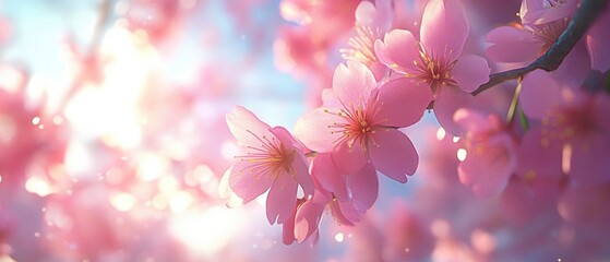 Delicate cherry blossom flowers blooming in soft sunlight, creating a serene and tranquil atmosphere