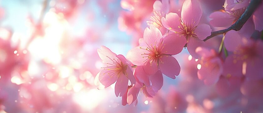 Delicate cherry blossom flowers blooming in soft sunlight, creating a serene and tranquil atmosphere
